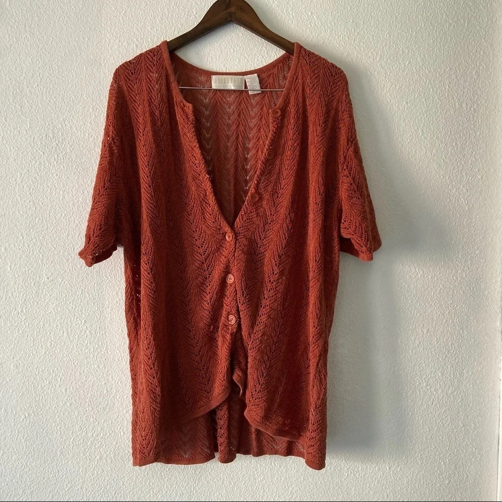 Liz Claiborne Retro Knit Crochet Shrug Jacket Rust Red XXL Grannycore Boho - Picture 9 of 12